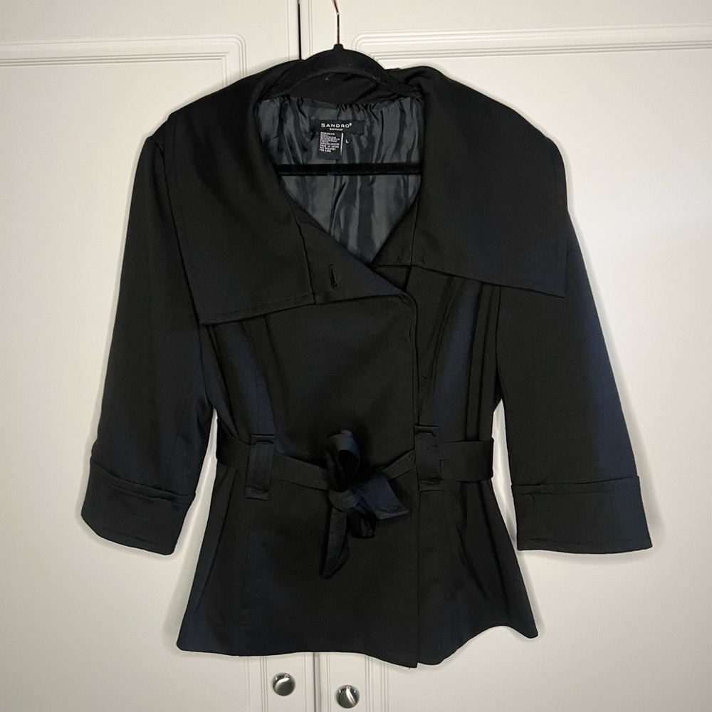 Sandro Tailored Jacket Black Belted Trench - Picture 2 of 11